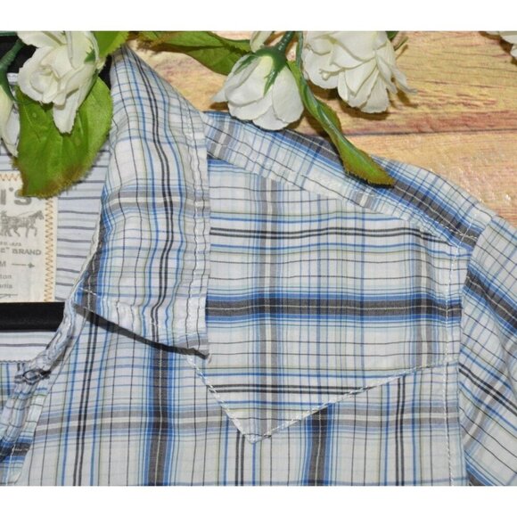 Levi’s Blue & White Plaid Pearl Snap Short Sleeve Button Up Western Shirt M - Picture 3 of 9